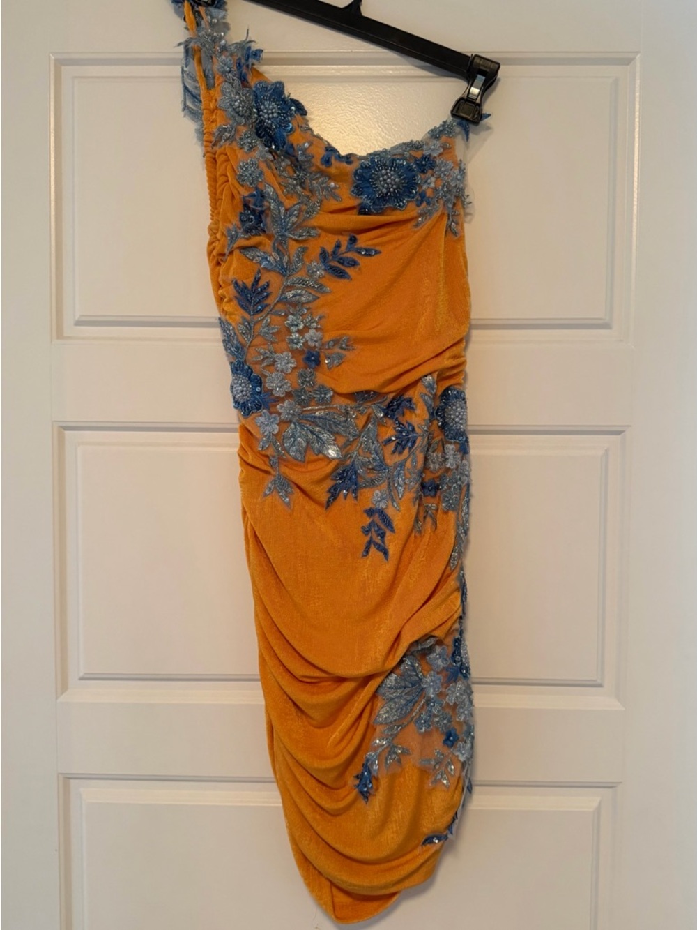 One-Shoulder Embroidered Draped Dress in Mustard with Blue Appliqué